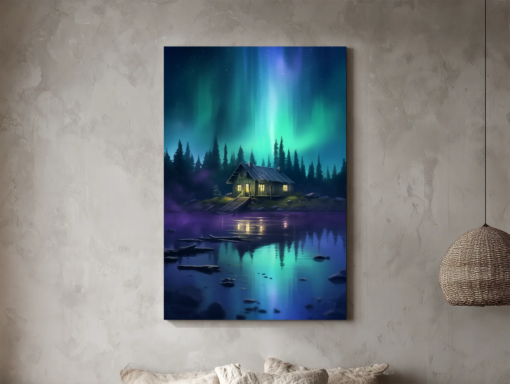 Vibrant Northern Lights Cabin Lake Painting - Aurora Borealis Night Wall Art
