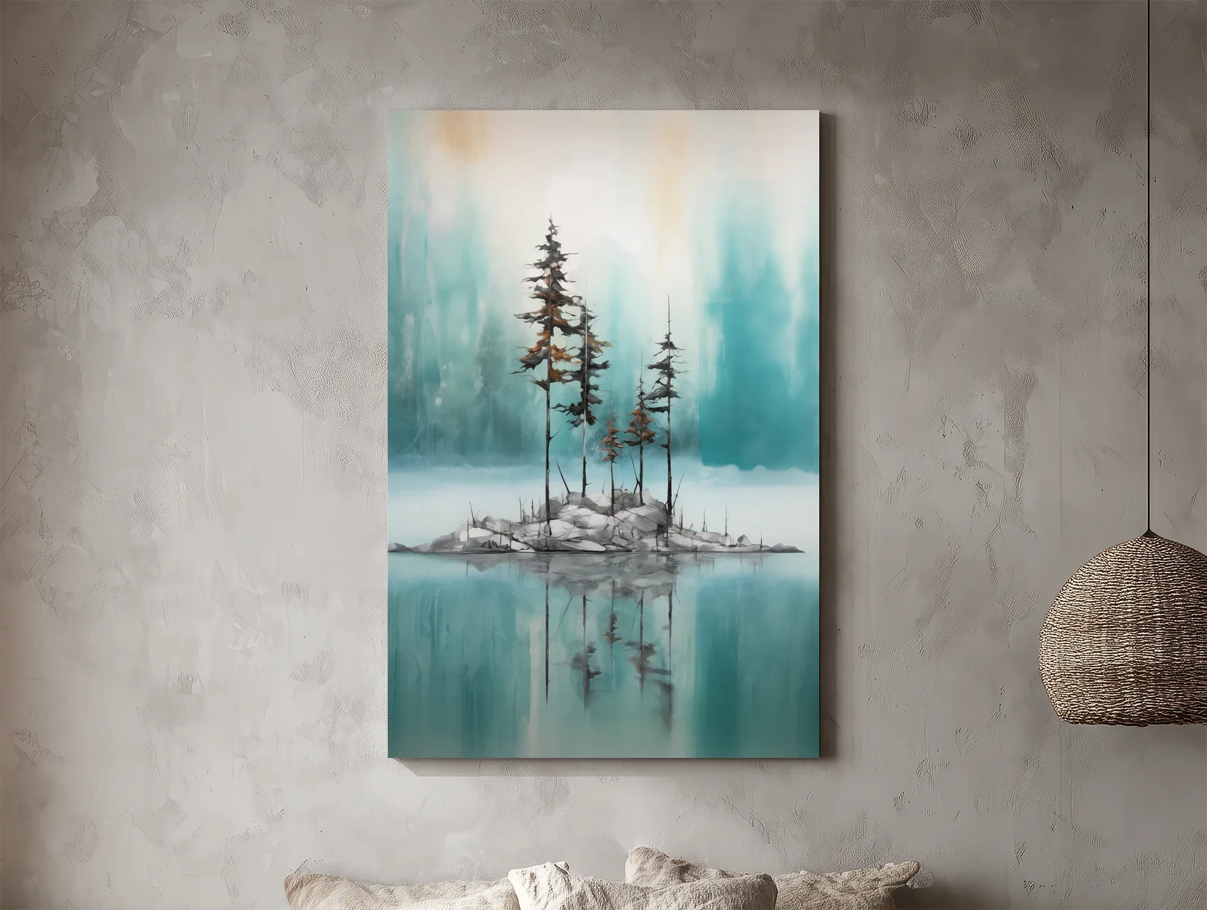 Misty Pine Trees Reflection - Watercolor Turquoise Alpine Lake Wall Art