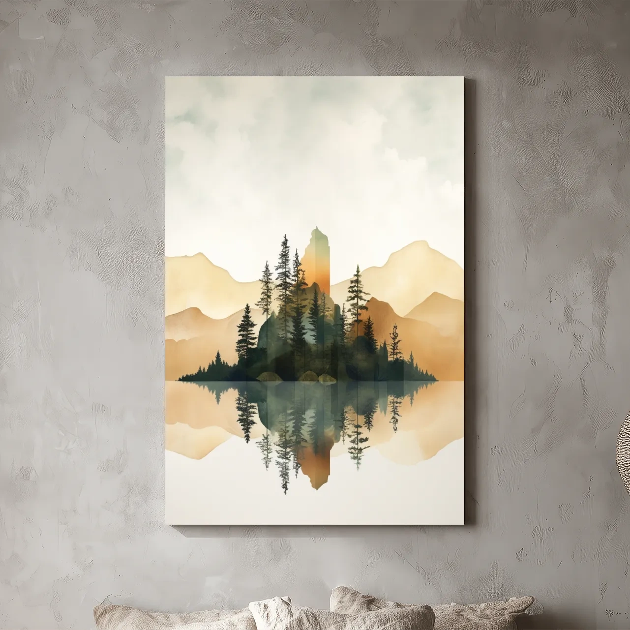 Alpine Mountain Lake Reflection Watercolor - Serene Pine Forest Wall Art