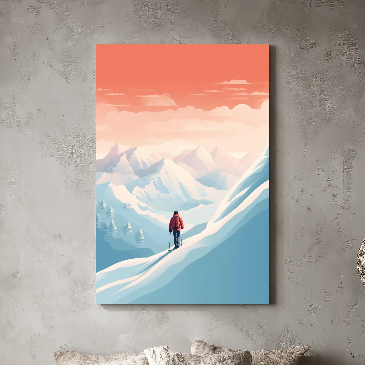 Backcountry Skier In Alpine Sunset - Minimalist Winter Mountains Wall Art