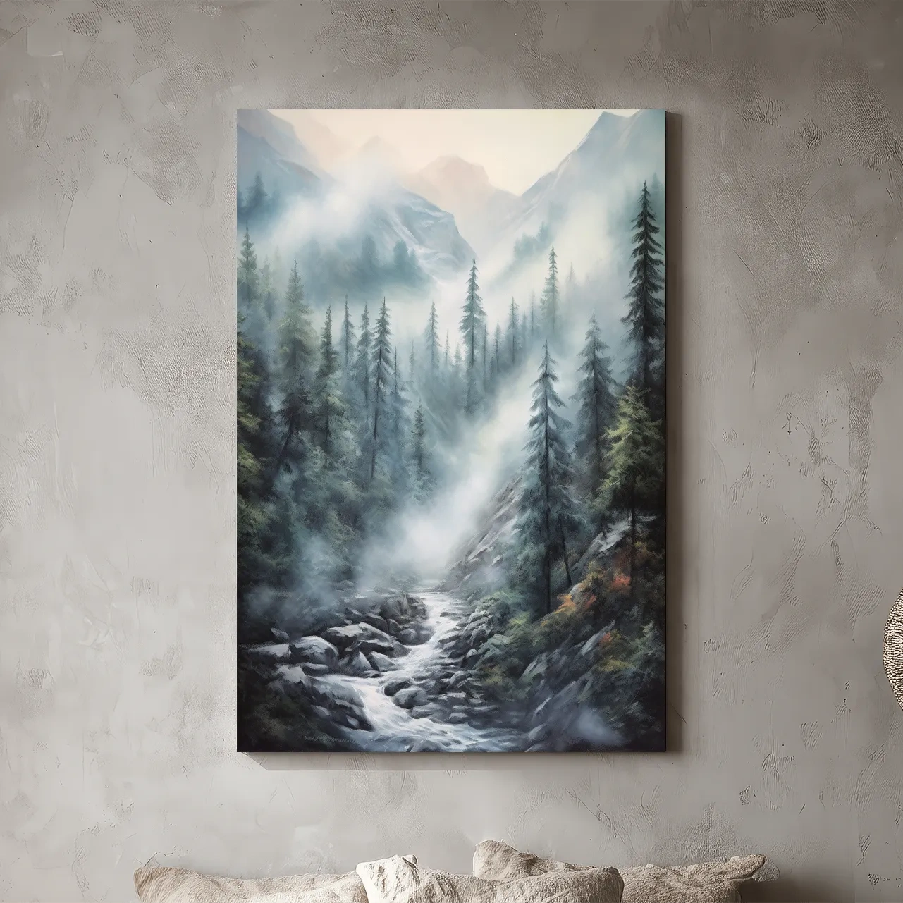 Misty Alpine Pine Forest River Painting - Moody Mountain Landscape Wall Art