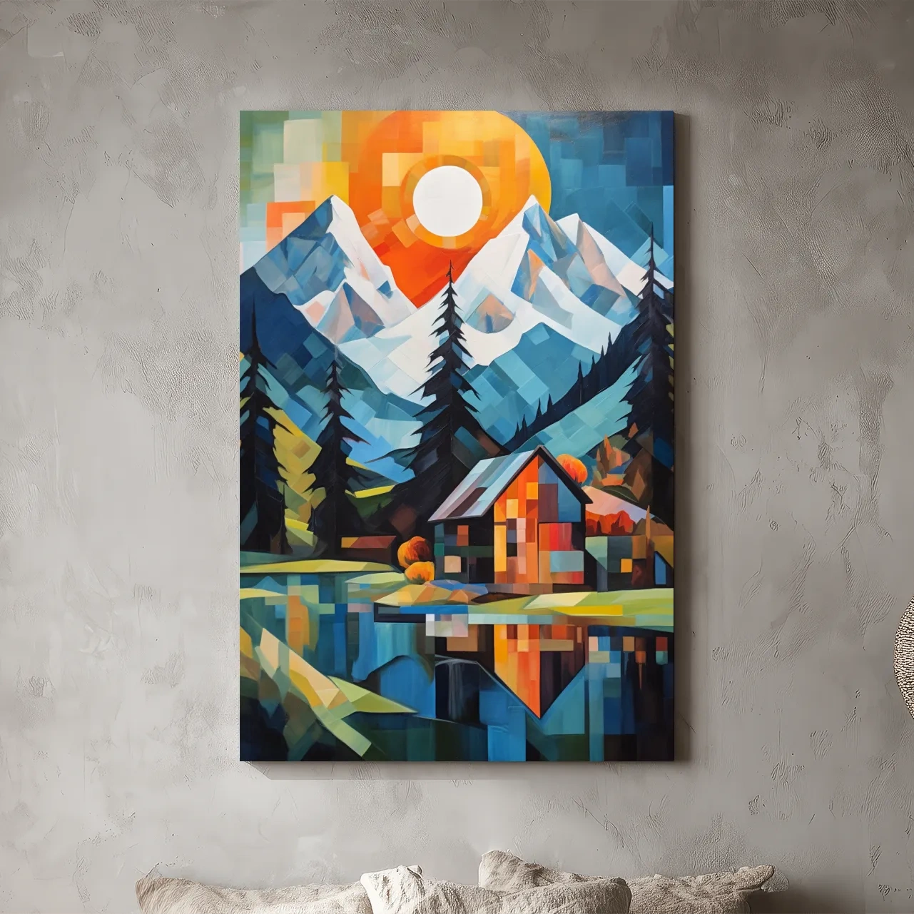 Geometric Alpine Cabin Lake Sunset - Vibrant Impressionist Mountain Wall Art