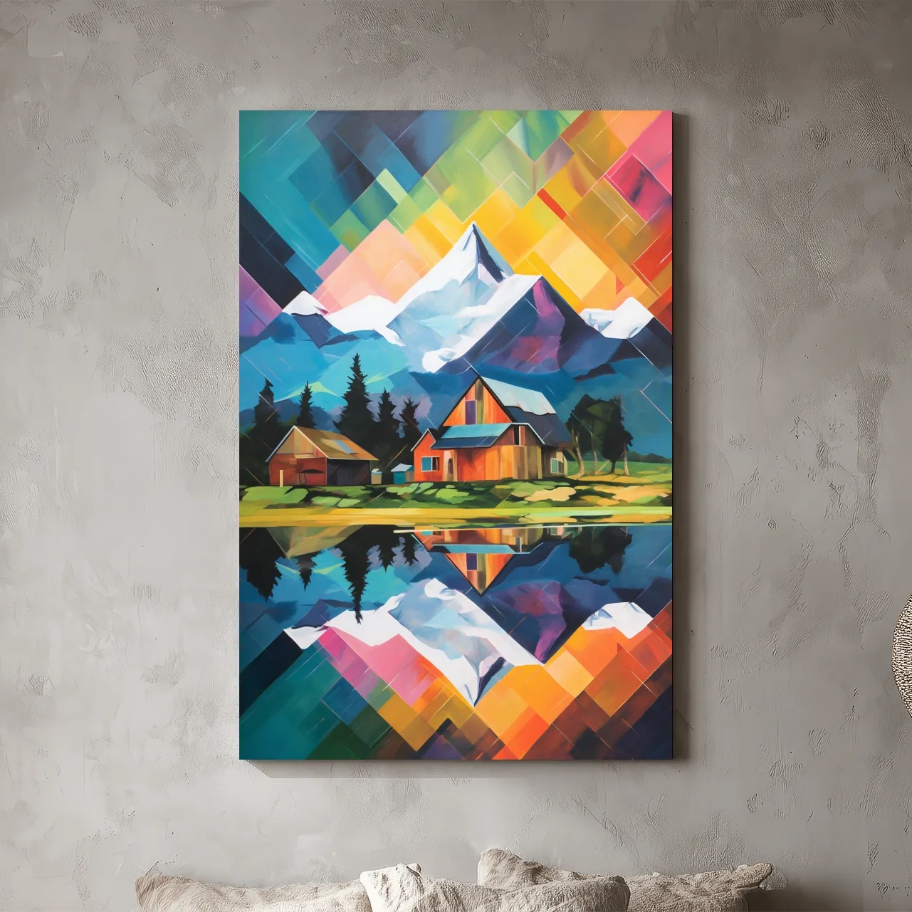 Vibrant Geometric Mountain Cabin Painting - Colorful Abstract Alpine Wall Art