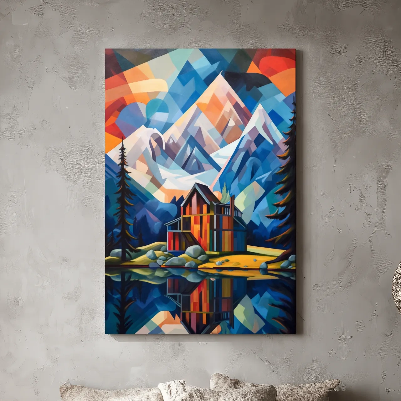 Vibrant Geometric Mountain Lake Cabin Painting - Abstract Alpine Wall Art