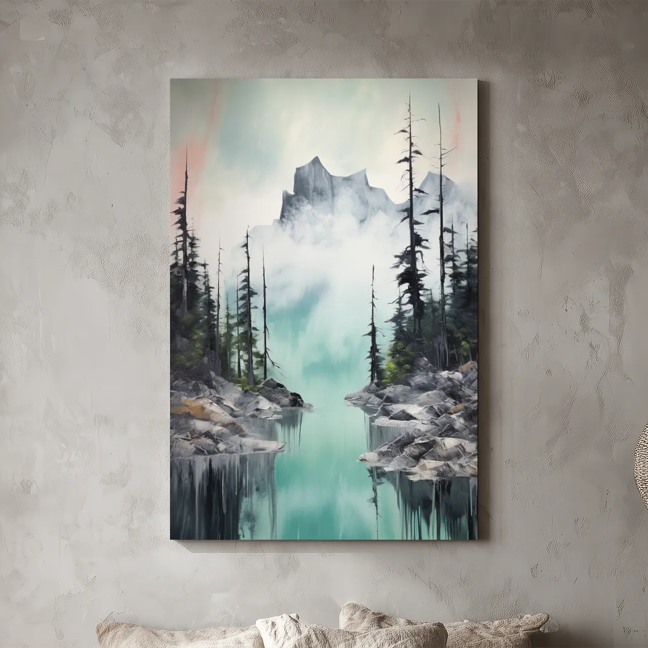 Misty Turquoise Alpine Lake Reflection - Watercolor Mountain Forest Wall Art