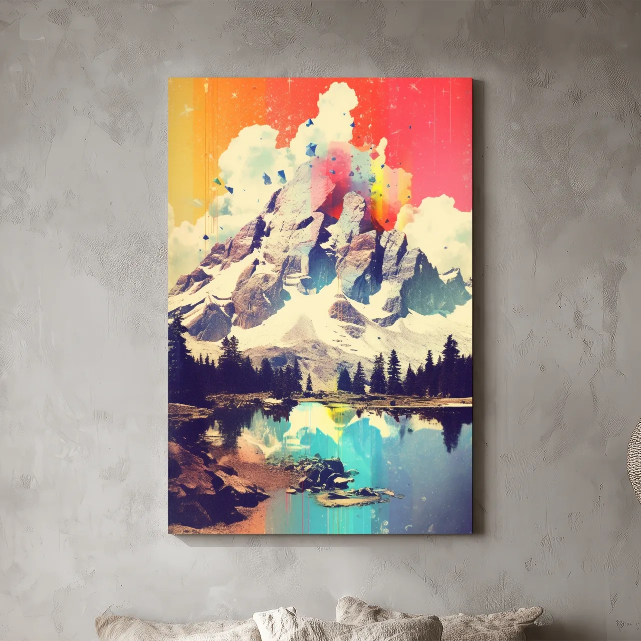 Vibrant Abstract Mountain Lake Painting - Colorful Alpine Landscape Wall Art