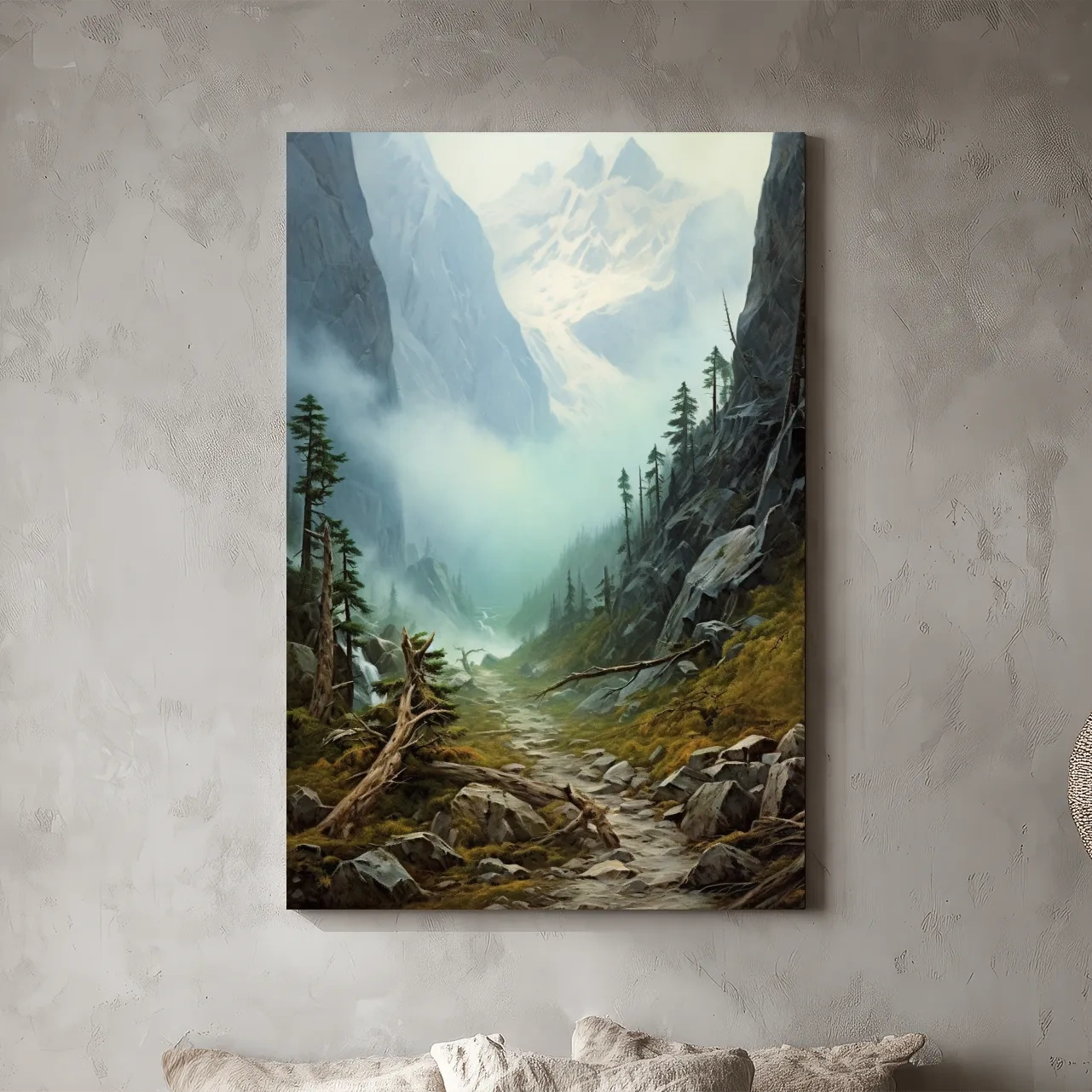 Misty Alpine Mountain Valley Painting - Foggy Pine Forest Wall Art