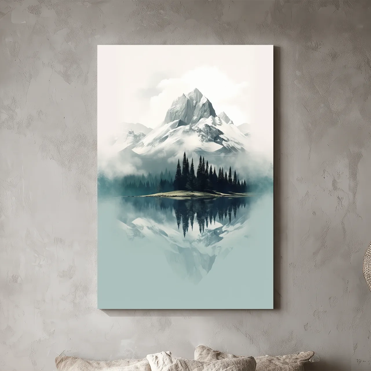 Misty Alpine Mountain Lake Reflection - Minimalist Watercolor Landscape Wall Art