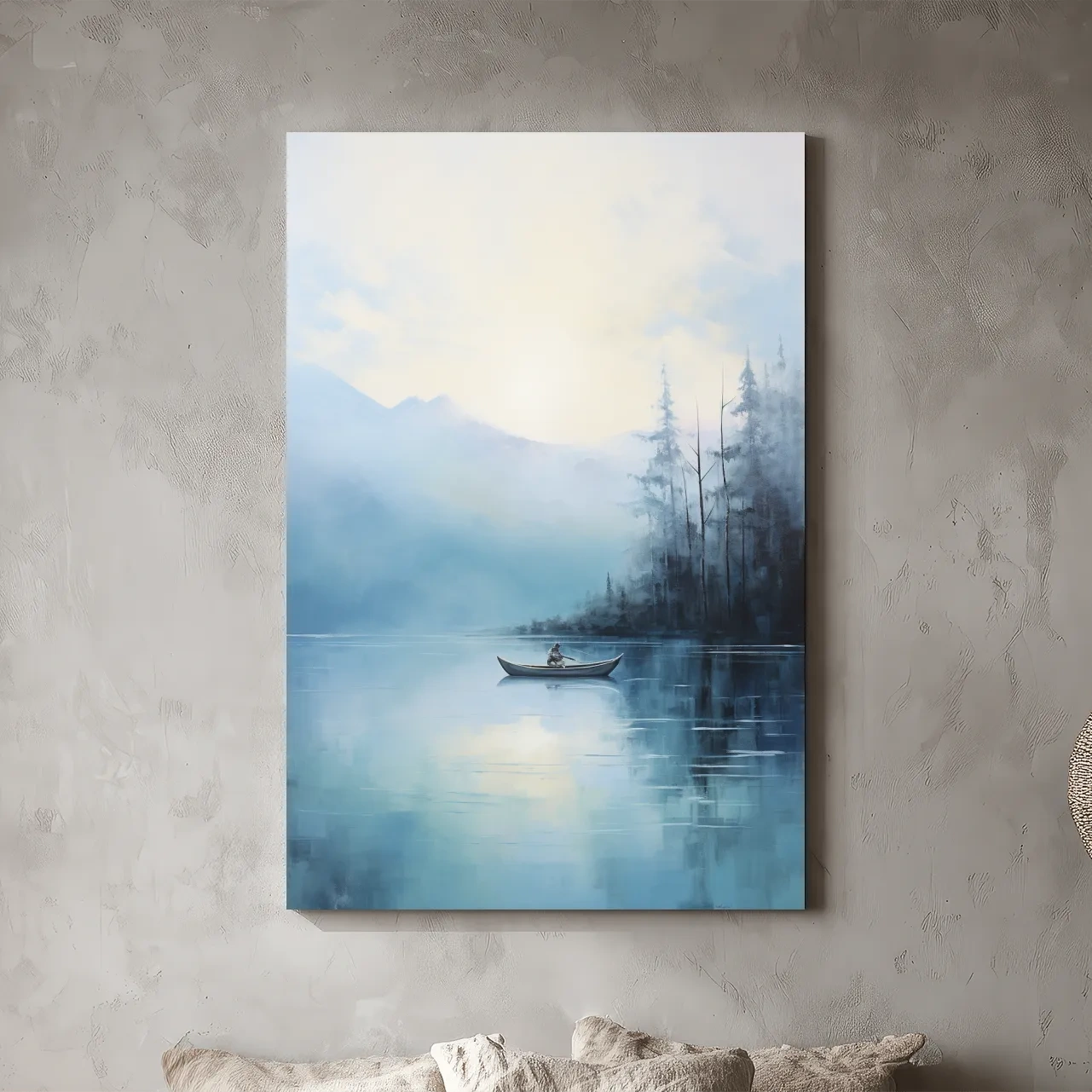 Misty Turquoise Mountain Lake Canoe Painting - Serene Forest Landscape Wall Art