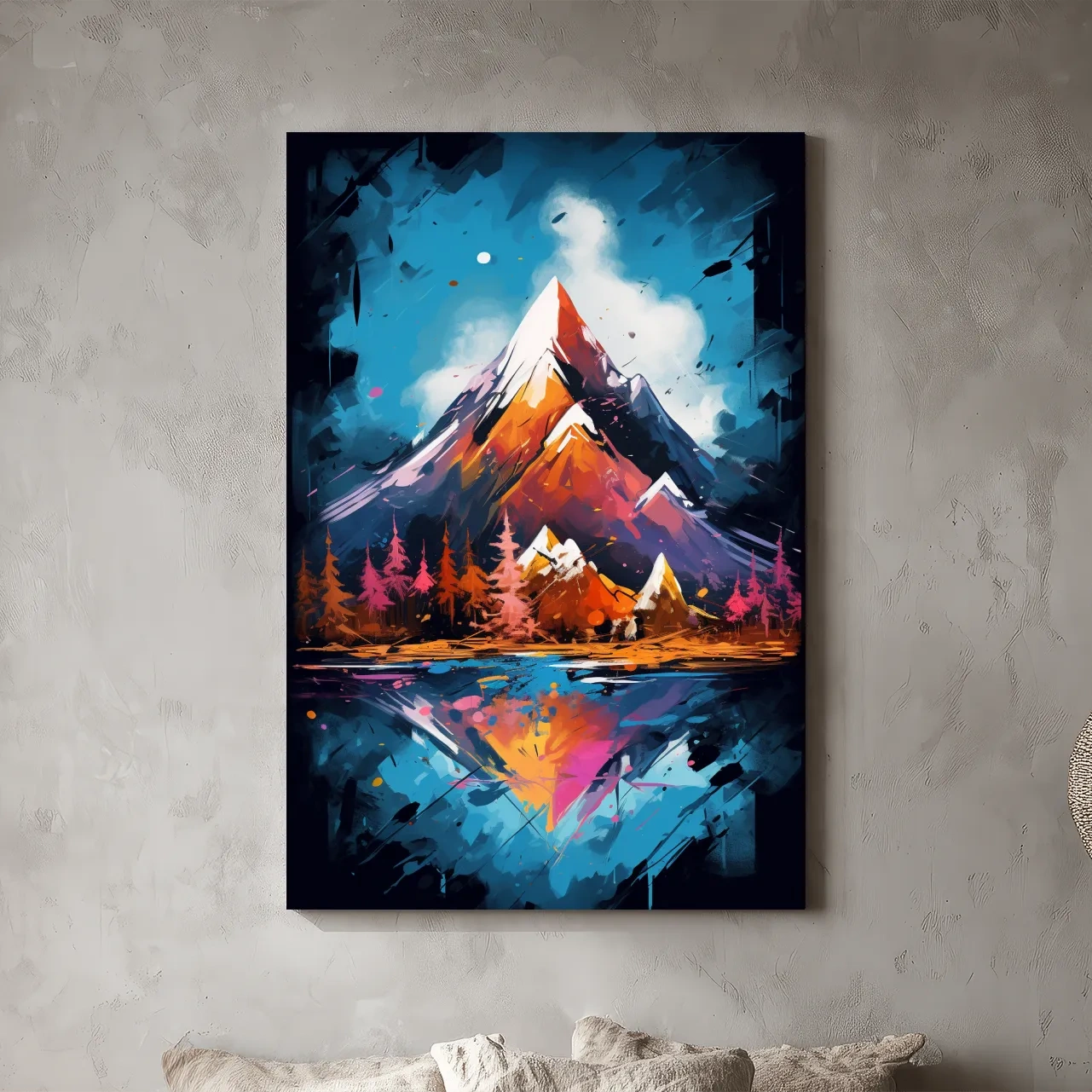 Vibrant Abstract Alpine Lake Painting - Colorful Mountain Forest Wall Art