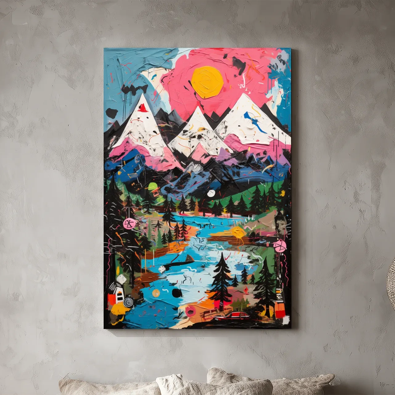 Vibrant Abstract Mountain Lake Sunset Painting - Colorful Modern Landscape Wall Art