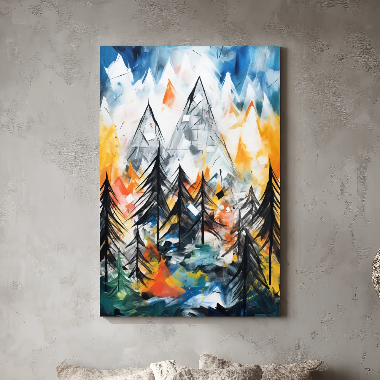 Abstract Alpine Mountain Peaks Painting - Colorful Energetic Pine Forest Landscape Wall Art