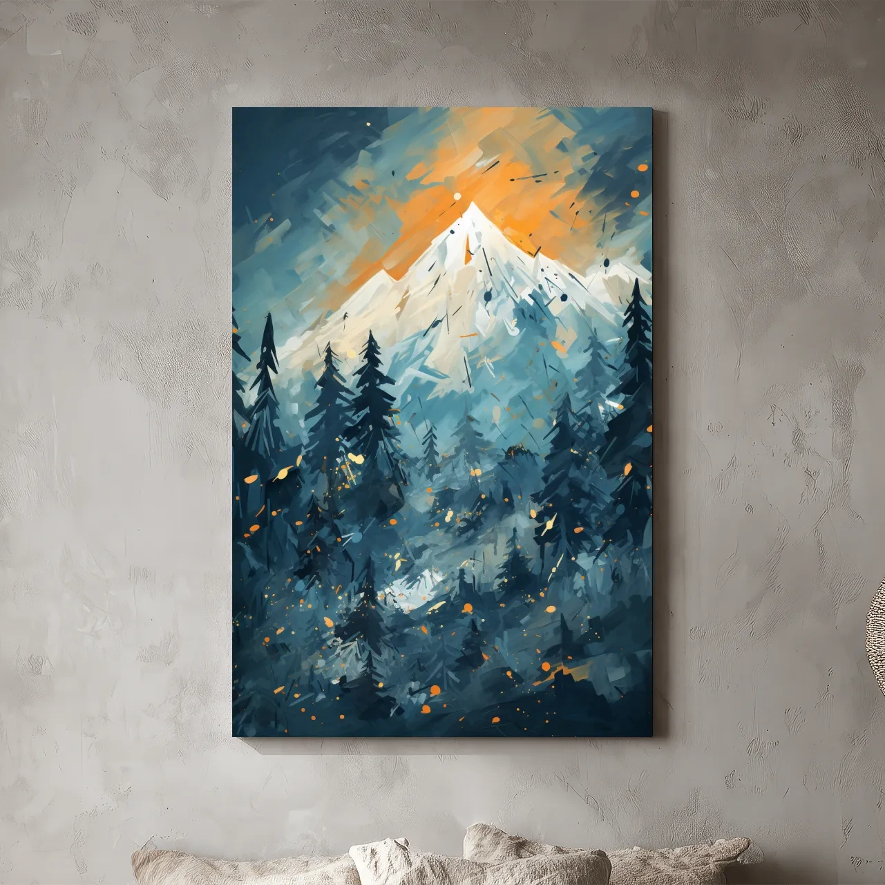 Abstract Snowy Mountain Peak Sunset - Moody Pine Forest Painting Wall Art