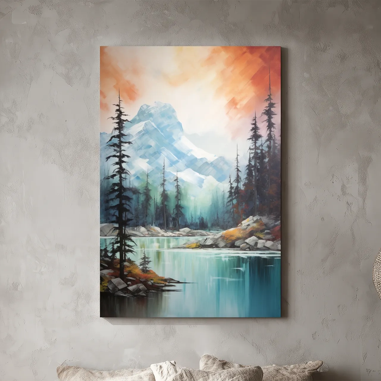 Turquoise Alpine Lake & Pine Forest Sunset Watercolor - Serene Mountain Landscape Wall Art