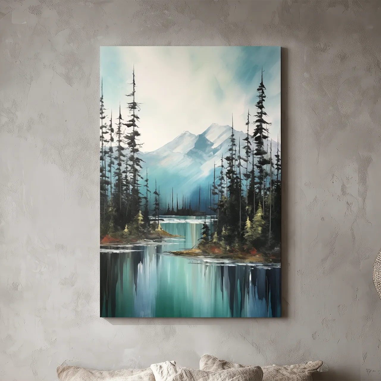 Alpine Turquoise Lake Watercolor Landscape - Serene Pine Forest Nature Wall Art
