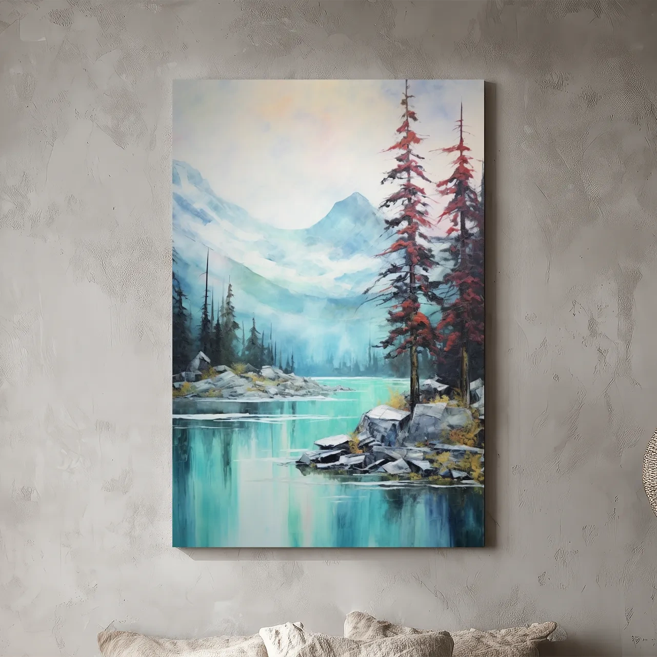 Misty Turquoise Alpine Lake Watercolor - Serene Mountain Landscape Wall Art