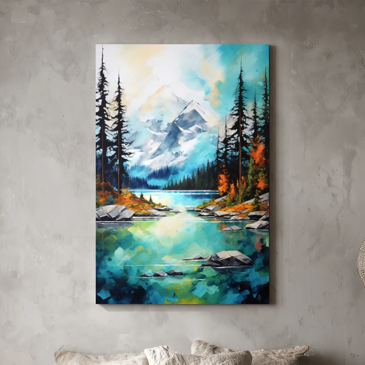 Turquoise Alpine Lake Mountain Painting - Colorful Watercolor Forest Wall Art