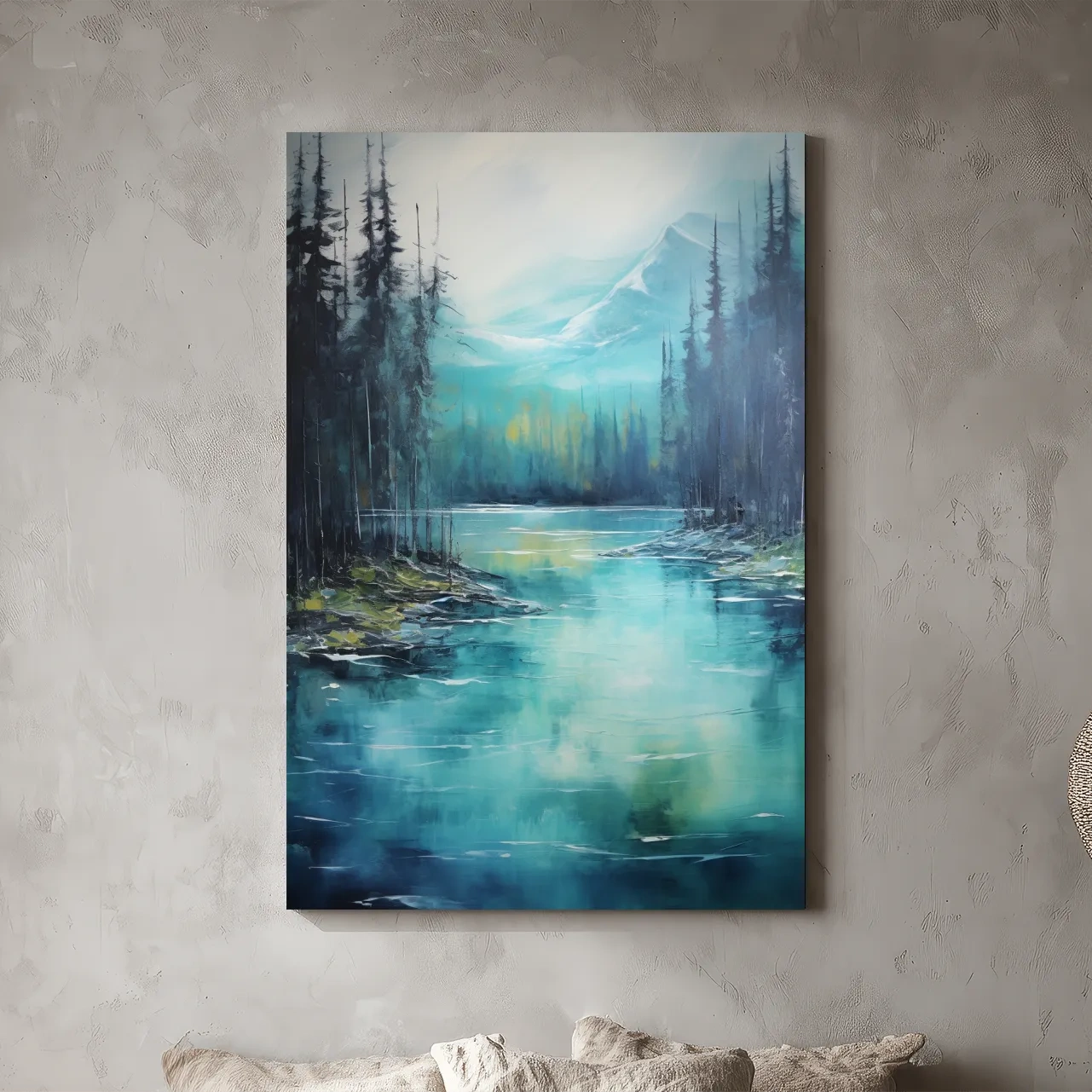 Misty Mountain Lake Reflection - Serene Forest Oil Panting Wall Art