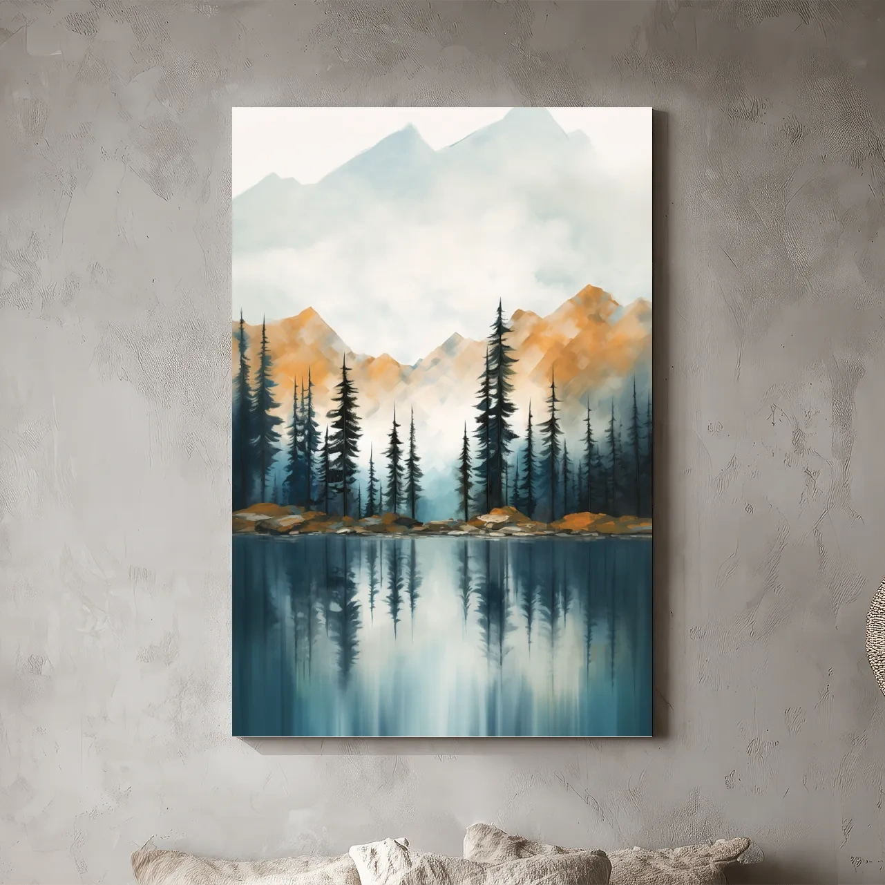 Misty Watercolor Mountain Lake Reflection - Serene Pine Forest Landscape Wall Art