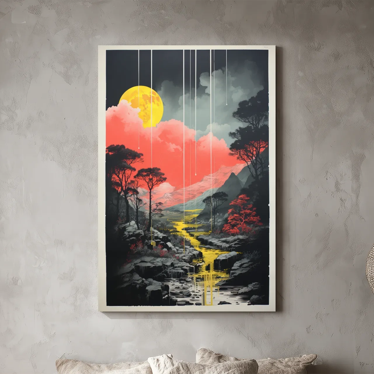 Surreal Moonlit Mountain River Landscape - Fantasy Nature Wall Art