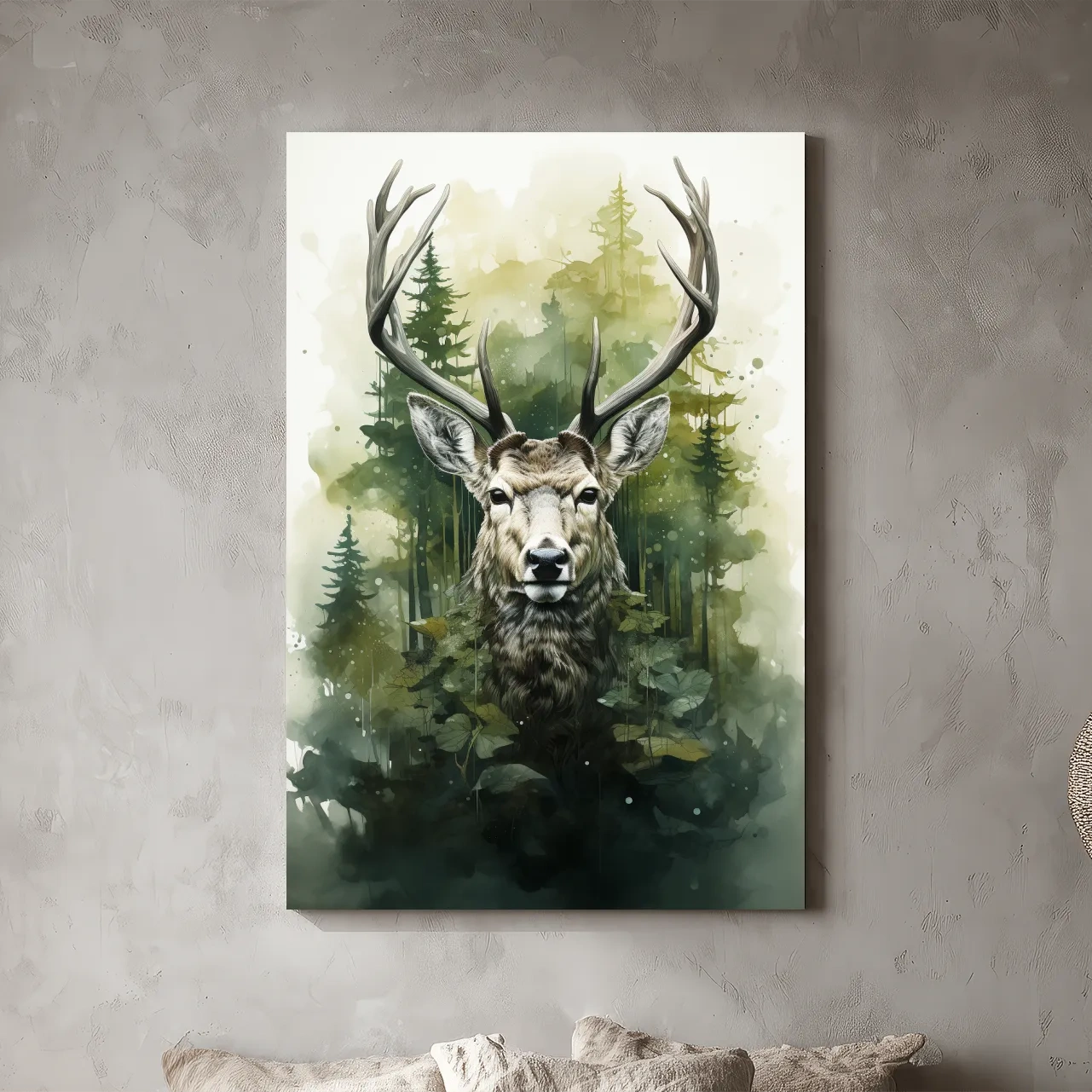 Watercolor Deer Portrait In Misty Pine Forest - Woodland Wildlife Wall Art