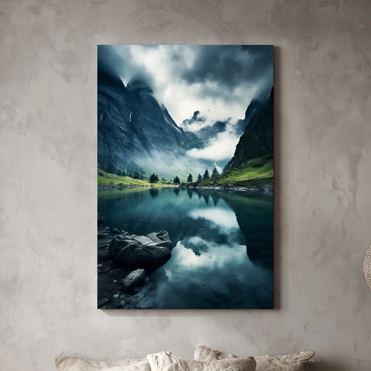 Moody Misty Alpine Lake Reflection - Dramatic Photographic Mountain Wall Art