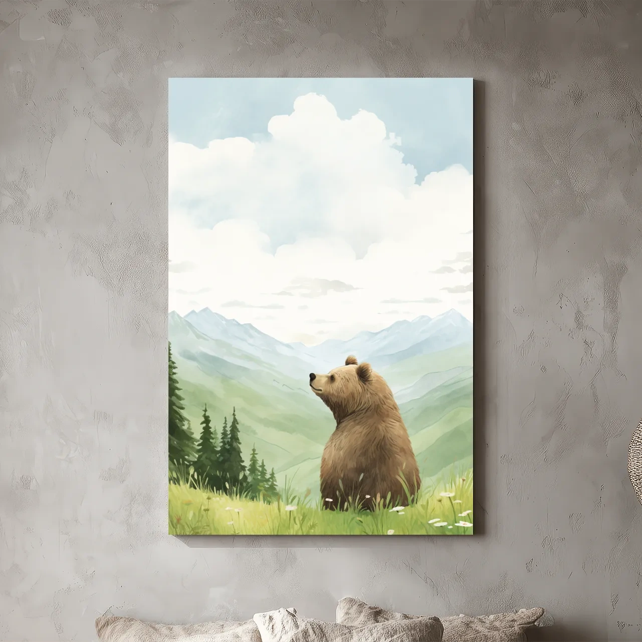 Whimsical Watercolor Bear In Mountain Meadow - Serene Nursery Wildlife Art