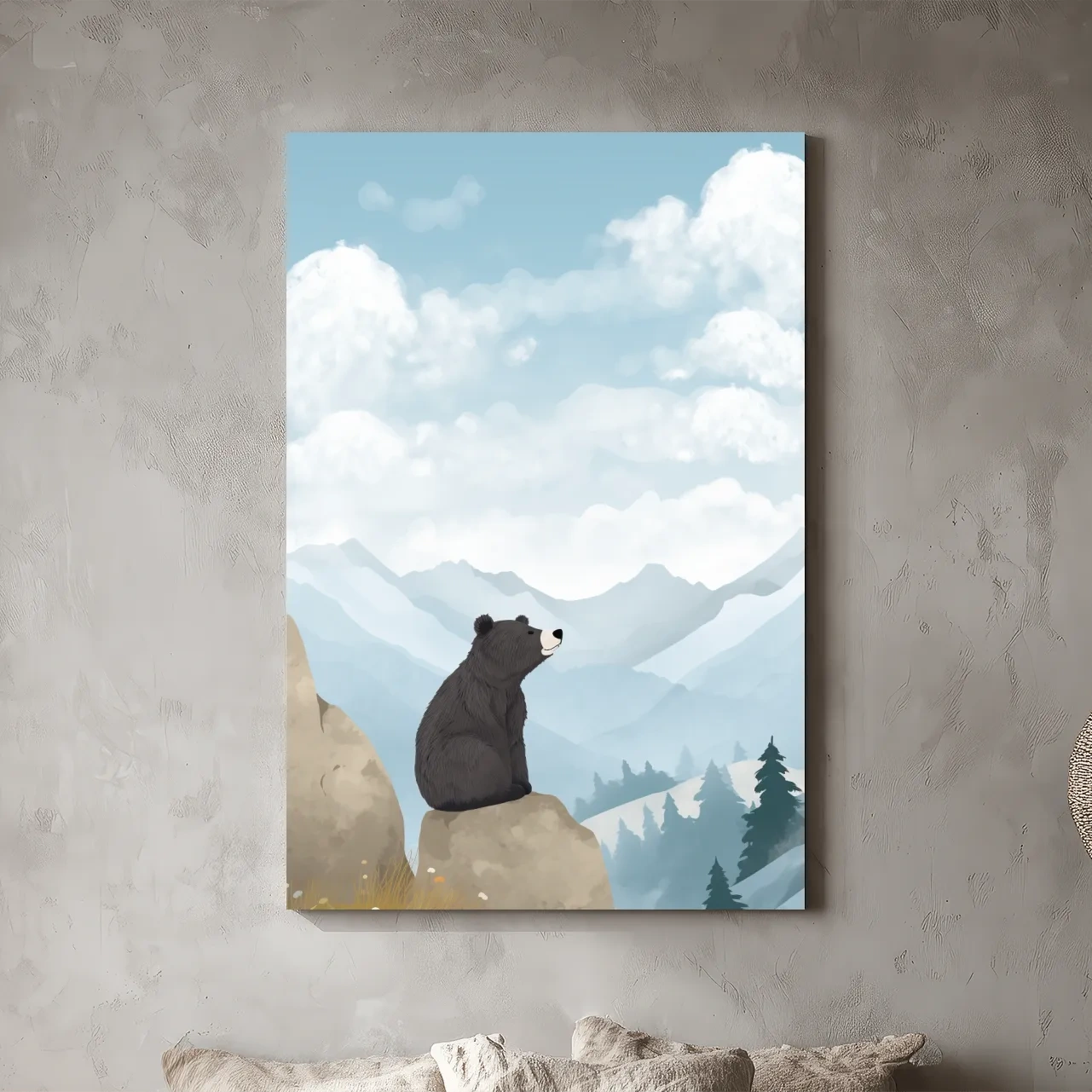 Whimsical Black Bear Mountain Landscape Illustration - Cute Animal Nursery Wall Art