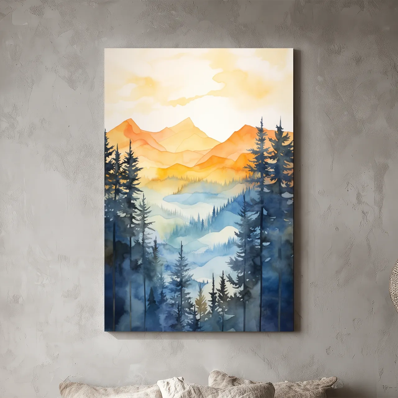 Golden Watercolor Mountain Sunrise Painting - Misty Alpine Forest Artwork