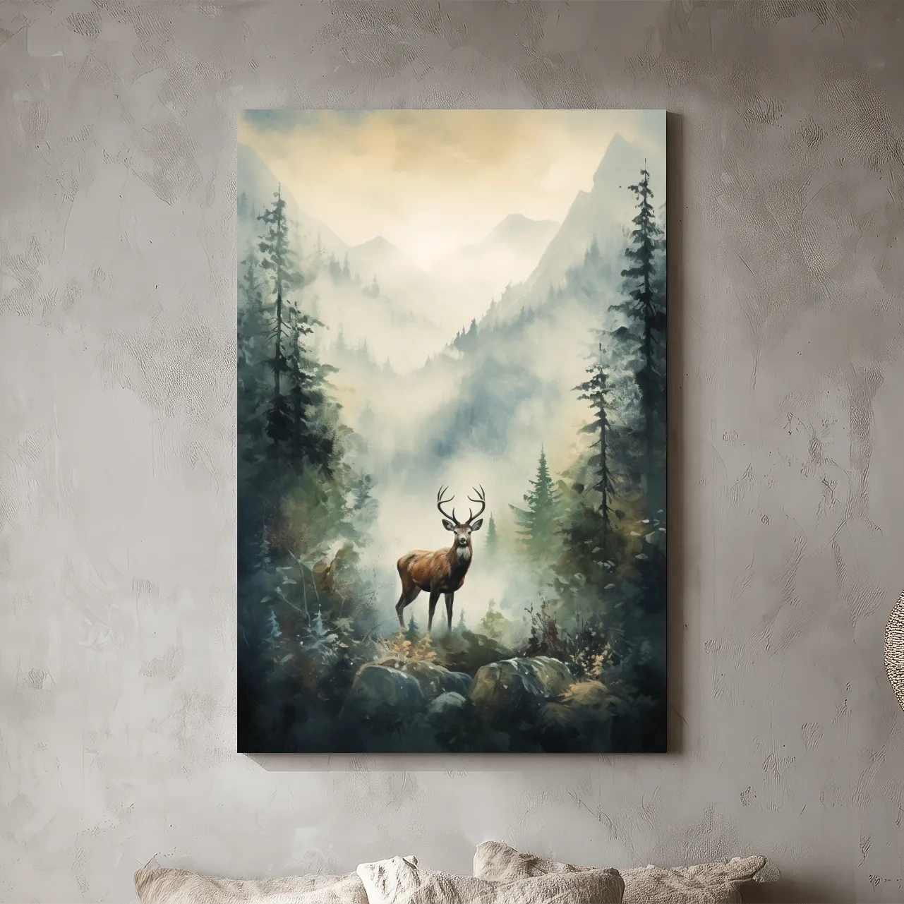 Misty Alpine Forest Deer Painting - Atmospheric Mountain Wildlife Wall Art