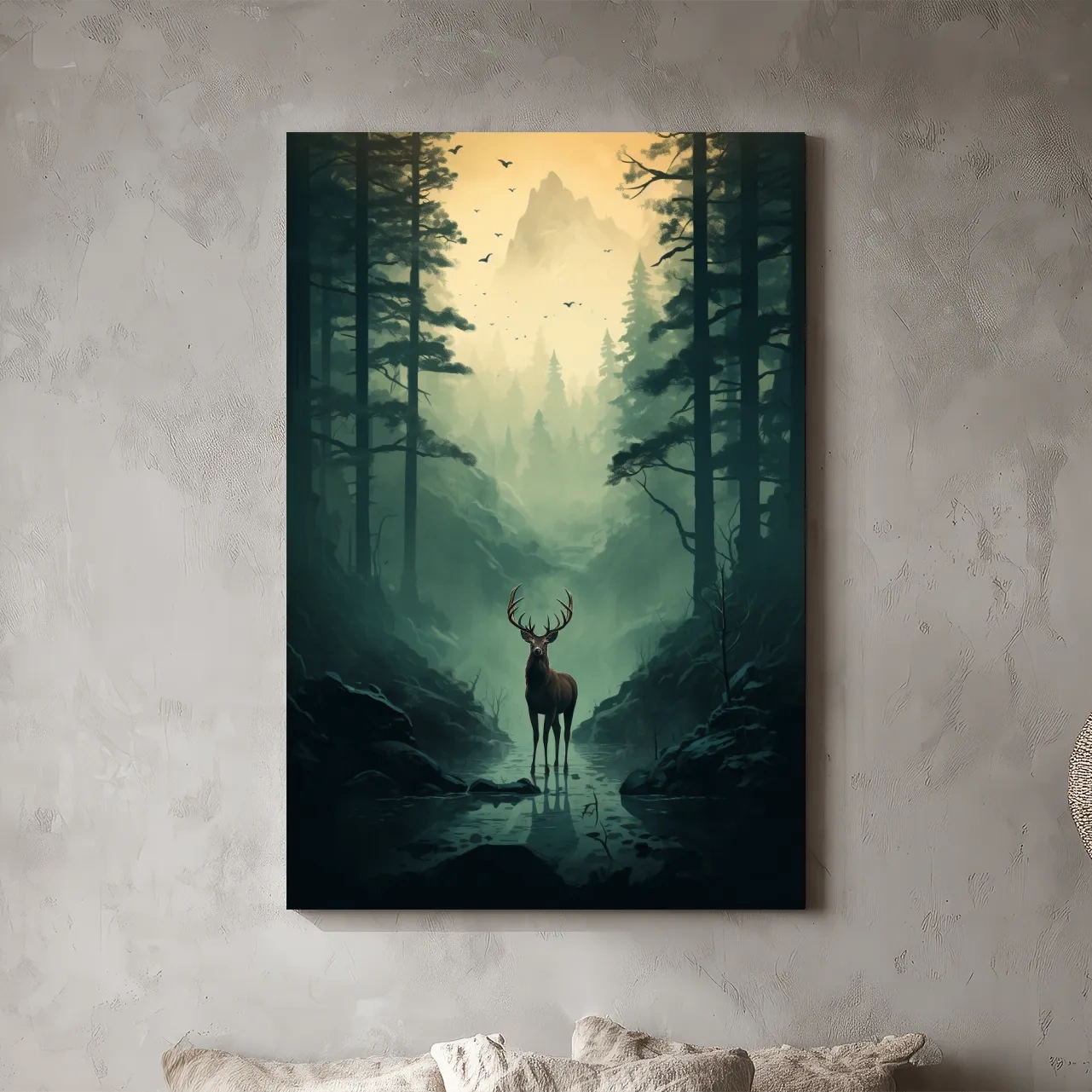Moody Misty Forest Deer Stag Landscape - Atmospheric Wildlife Mountain Wall Art