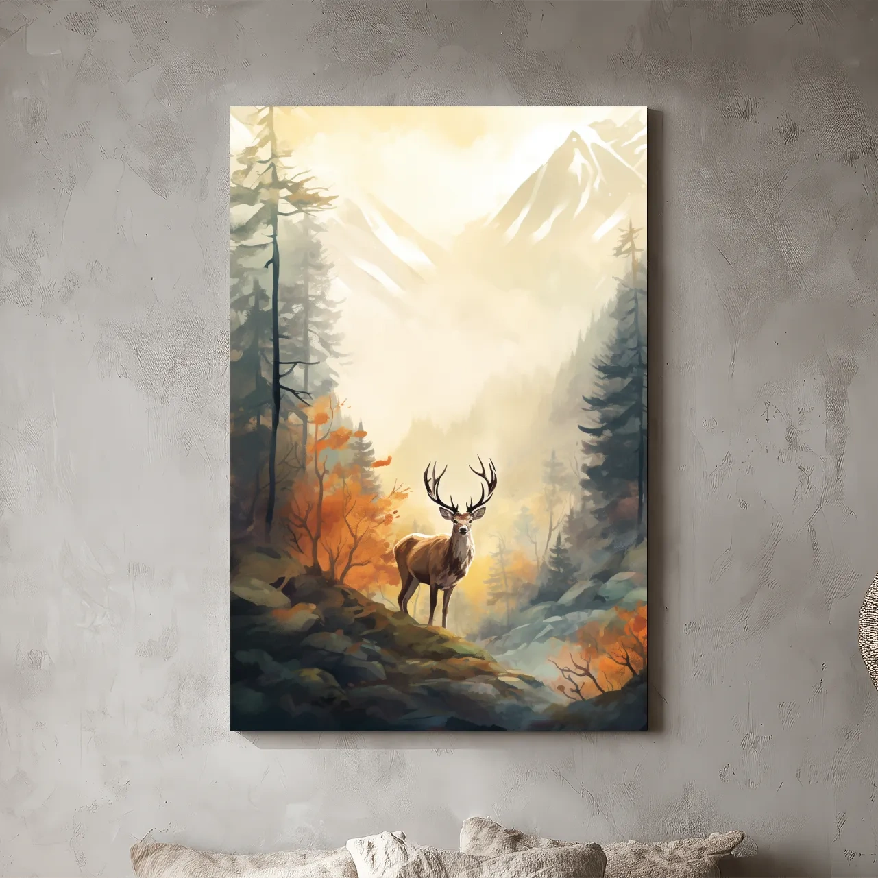 Majestic Stag In Misty Mountain Forest - Autumn Watercolor Wildlife Wall Art