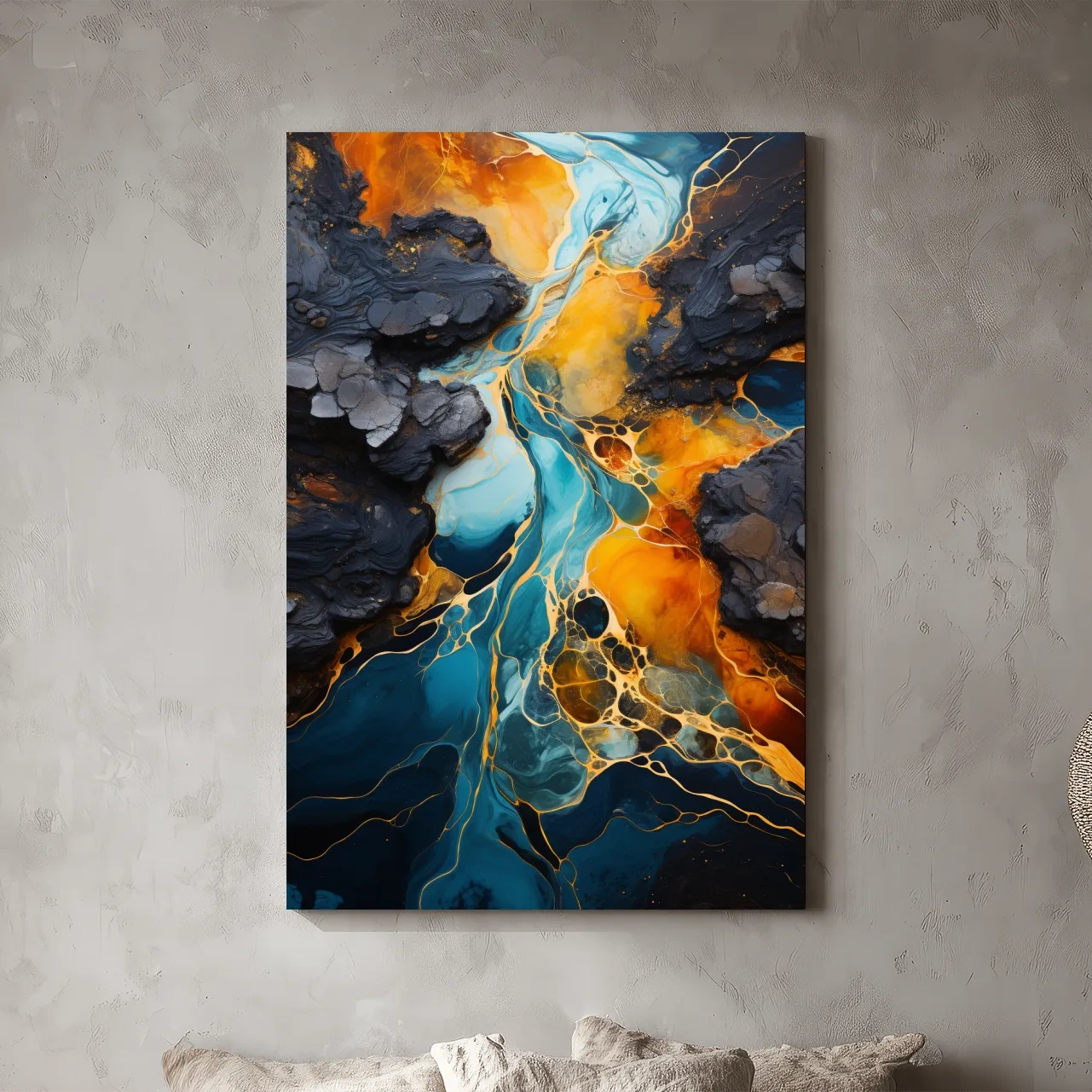 Elegant Gold And Teal Abstract Flowinf River - Alcohol Ink Style Wall Art