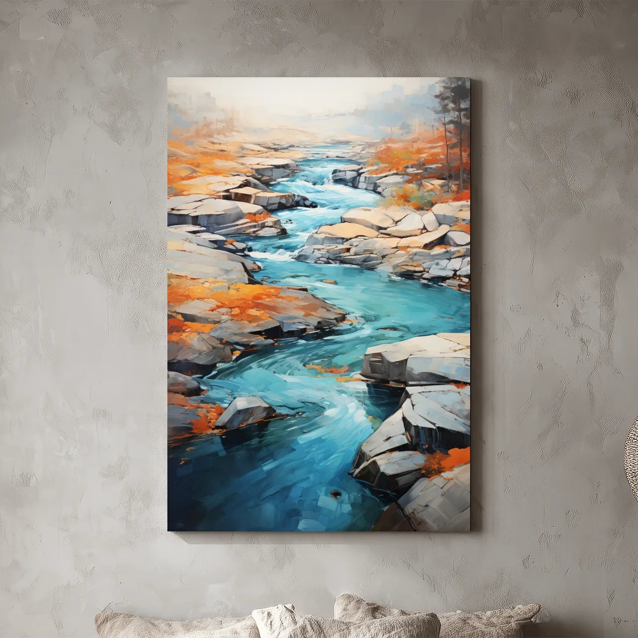Vibrant Turquoise River Through Rocky Canyon - Modern Impressionist Landscape Wall Art