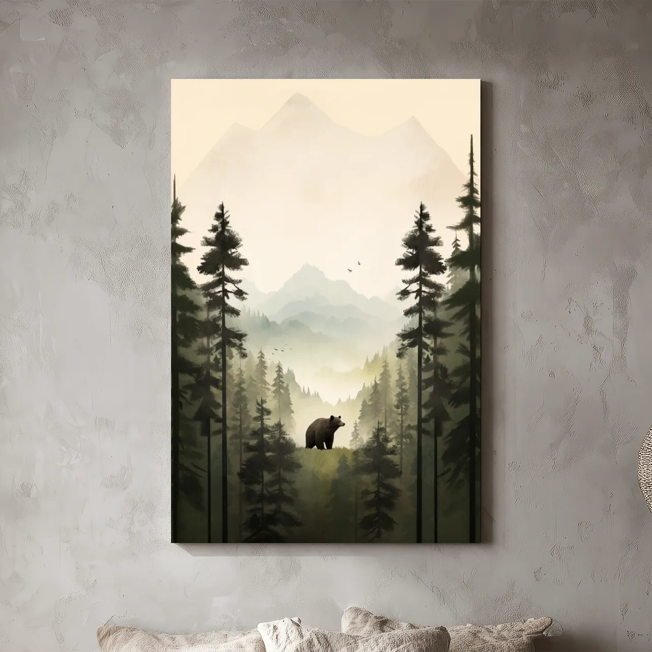 Misty Pine Forest Bear Illustration - Minimalist Wildlife Wall Art
