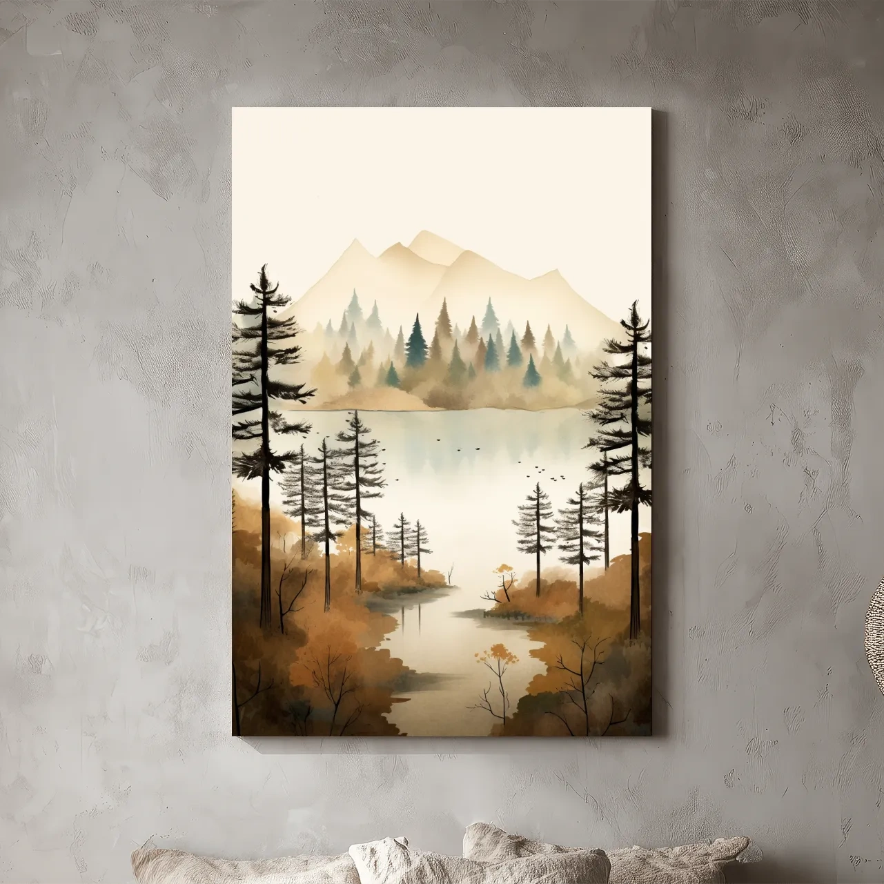 Misty Watercolor Mountain Lake Forest - Serene Alpine Wall Art