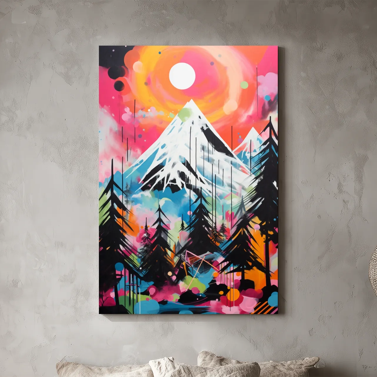 Vibrant Abstract Neon Mountain Glacier Sunset Painting - Colorful Alpine Wall Art