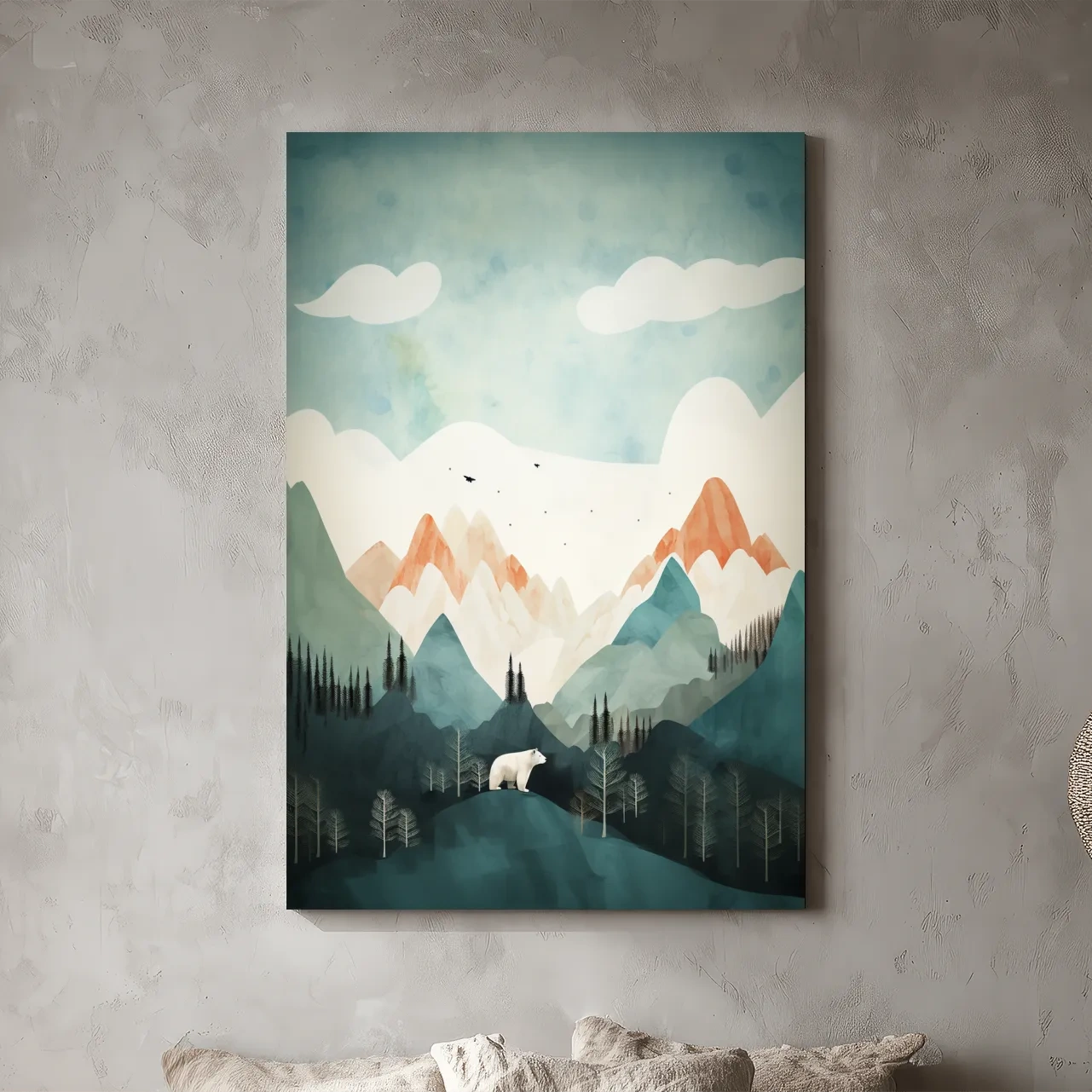 Whimsical Bear Alpine Mountain Landscape - Childrens Nursery Wall Art