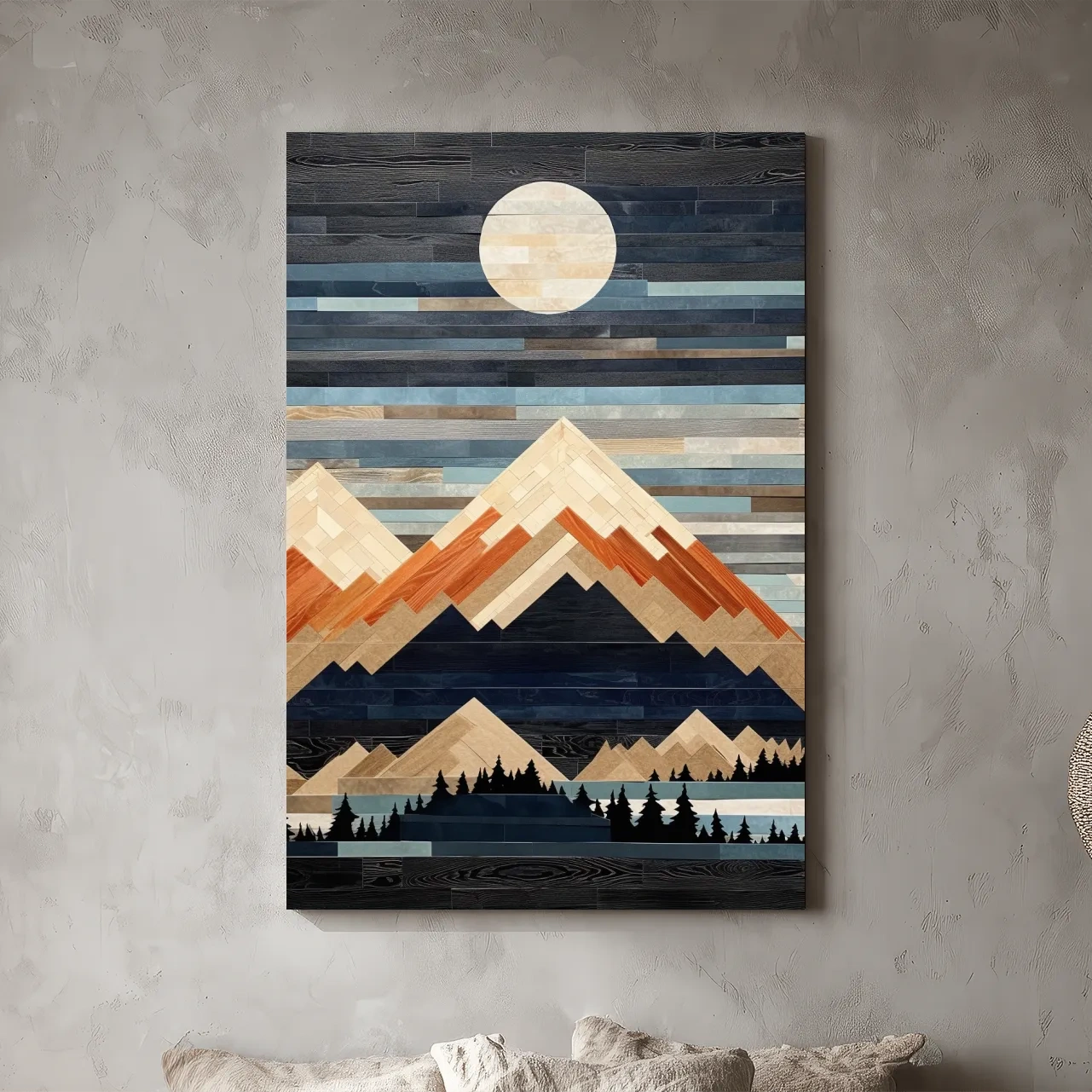 Geometric Wood Mosaic Mountain Range Under Full Moon - Modern Rustic Landscape Wall Art