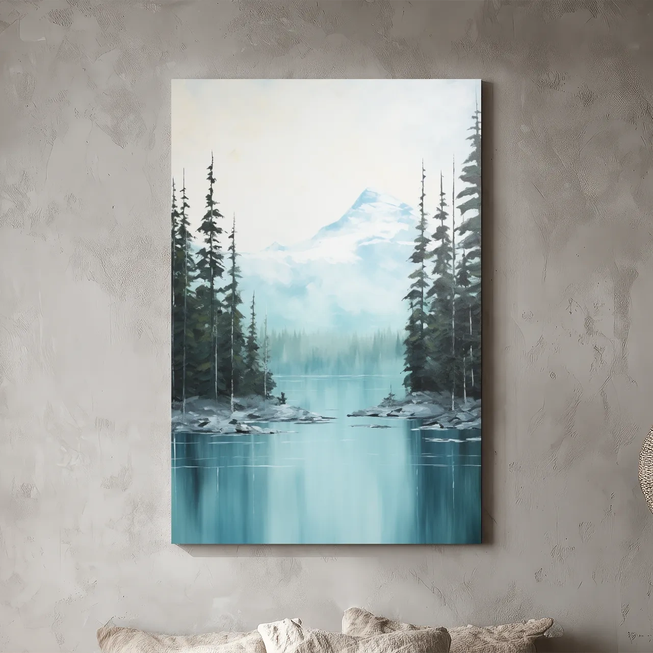 Turquoise Alpine Lake & Pine Forest Watercolor - Serene Mountain Landscape Wall Art