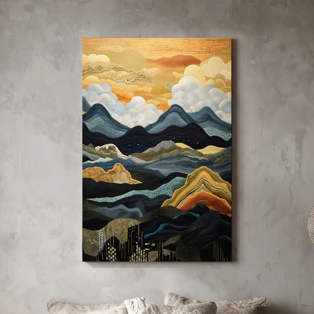 Layered Tapestry Mountain Range Sunrise - Abstract Mixed Media Landscape Wall Art