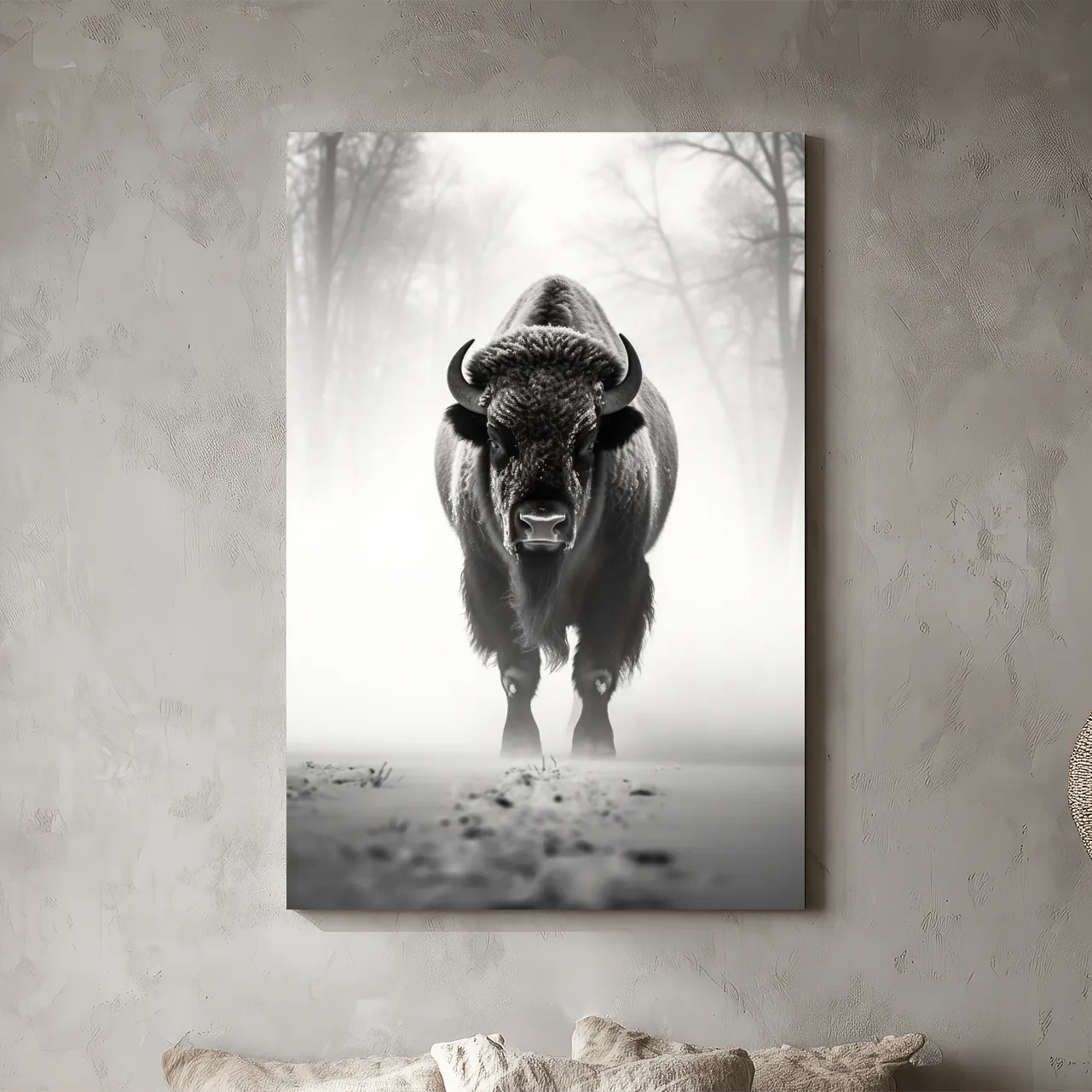 Moody Black And White Bison Portrait - Foggy Winter Wildlife Wall Art