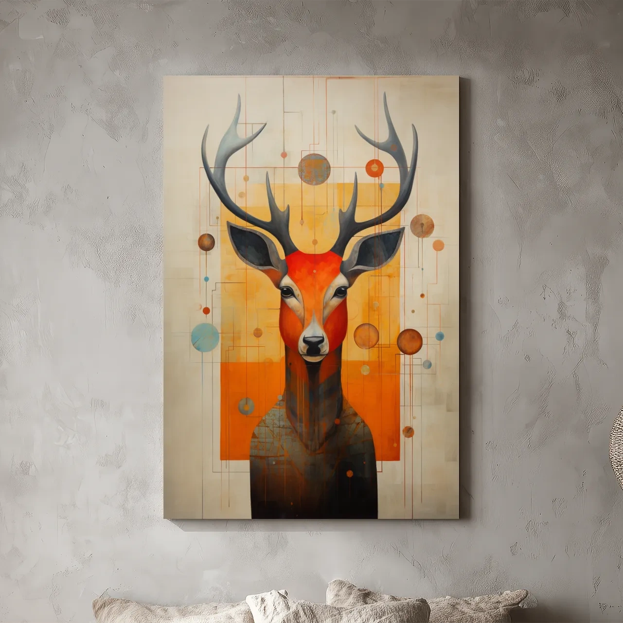 Mid Century Abstract Stag Portrait Painting - Quirky Wildlife Wall Art