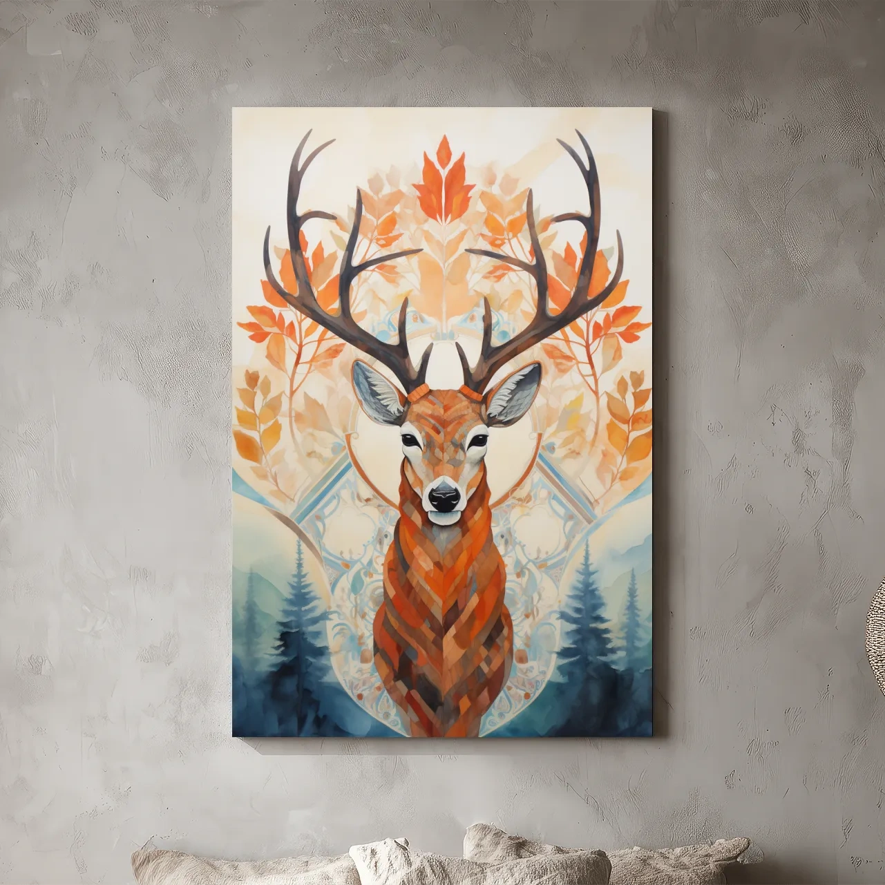 Ornate Stag Deer Watercolor Portrait - Autumn Woodland Wildlife Wall Art