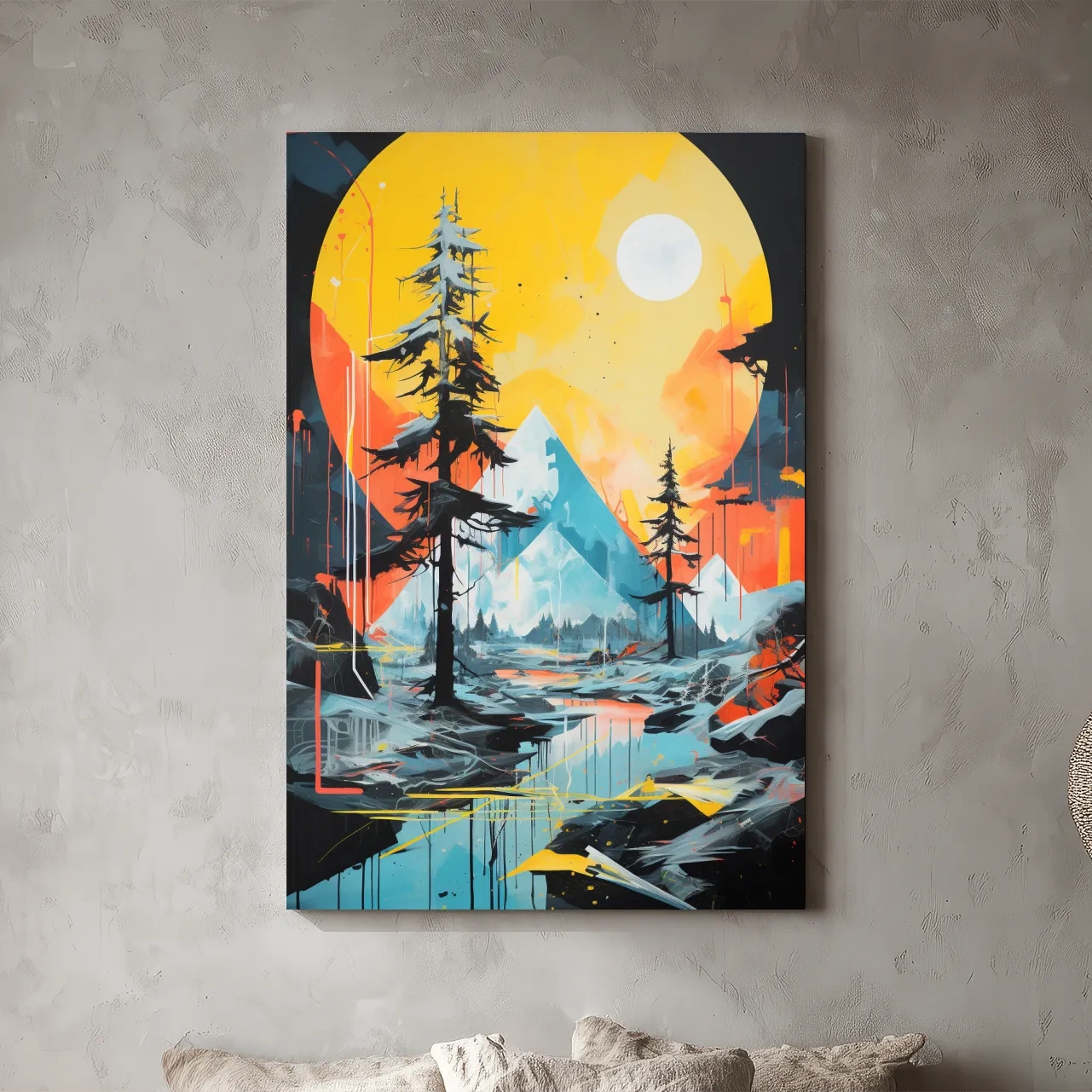 Vibrant Abstract Mountain Lake Sunset Painting - Modern Geometric Pine Forest Wall Art