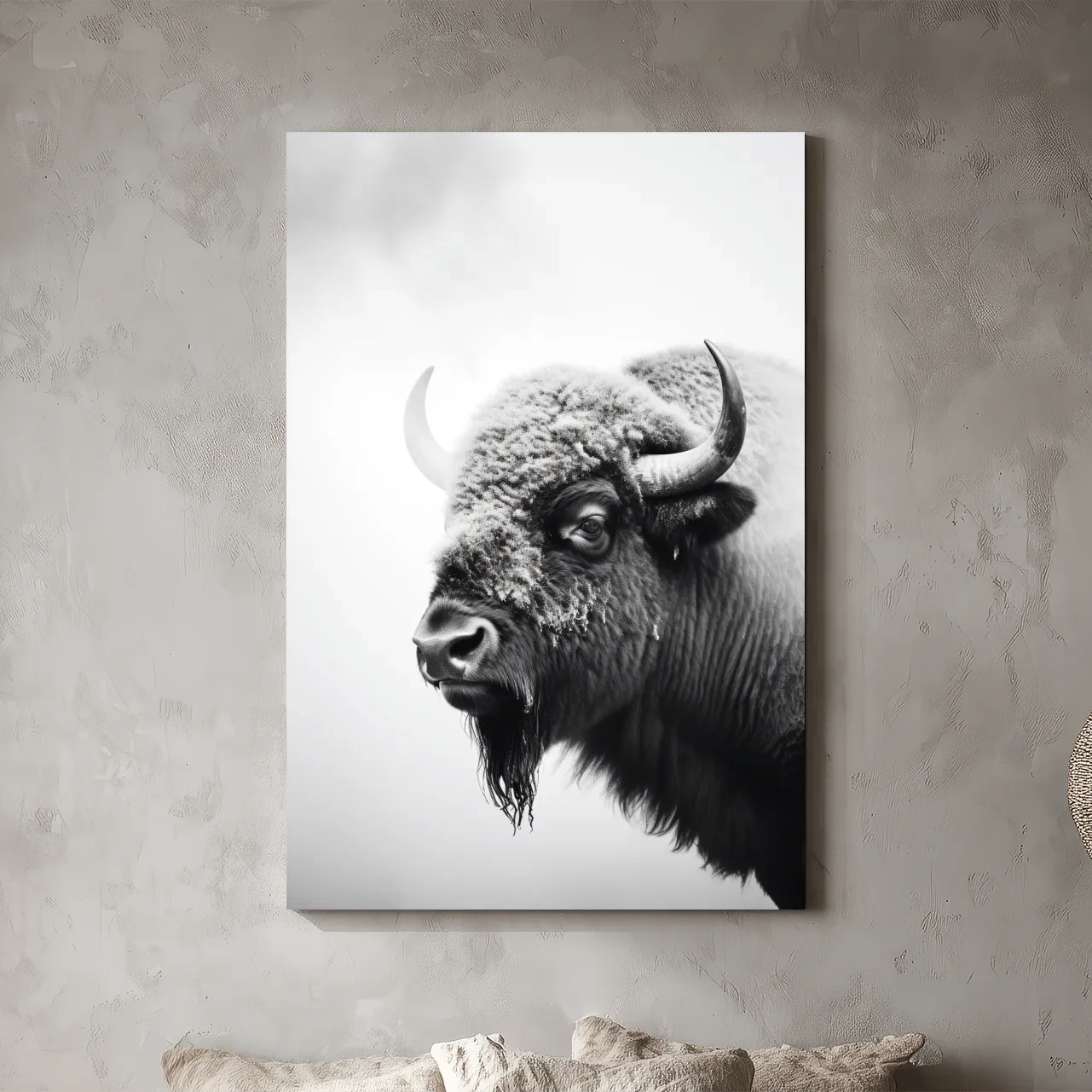 Moody Black And White Bison Portrait - Minimalist Photographic Wildlife Wall Art