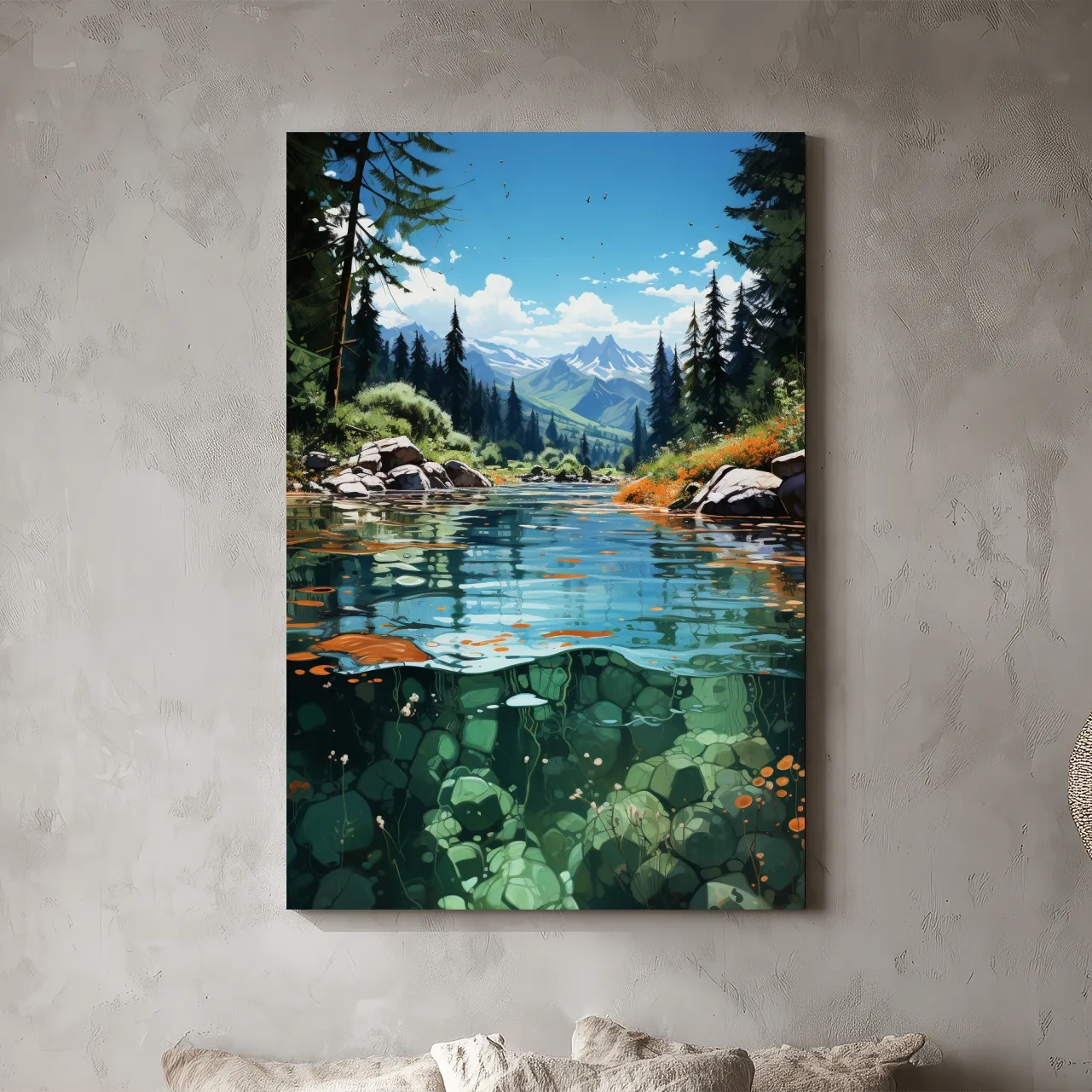 Crystal Clear Alpine River Landscape Illustration - Vibrant Mountain Forest Artwork