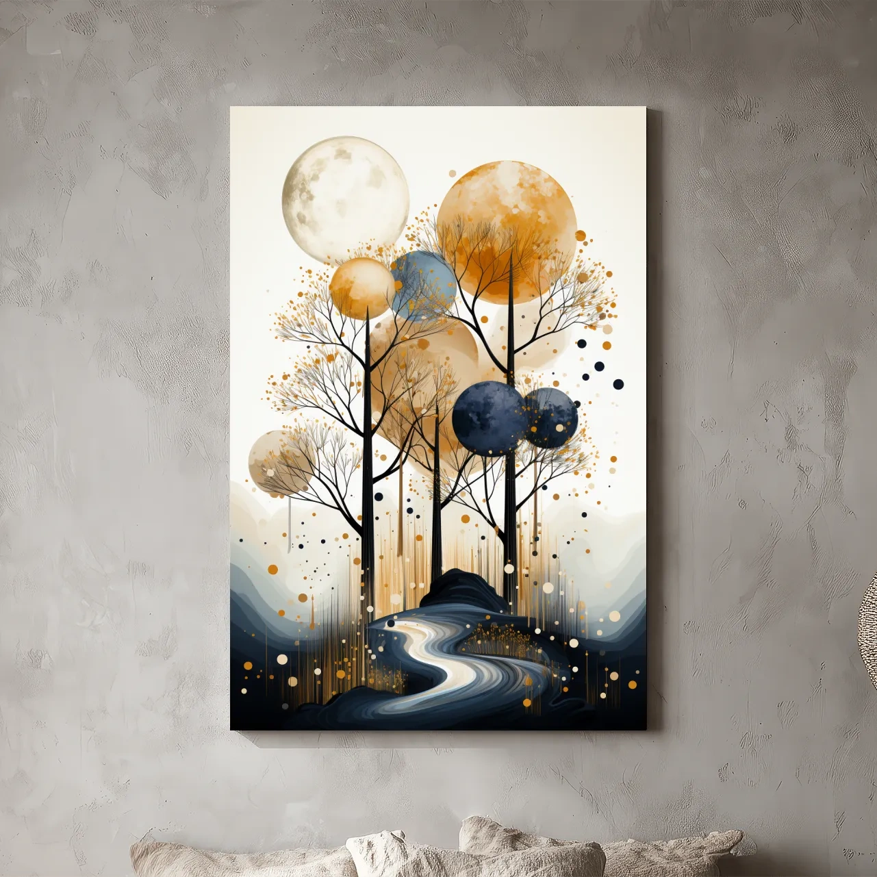 Surreal Golden Moonlit Forest River - Chic Boho Landscape Wall Art