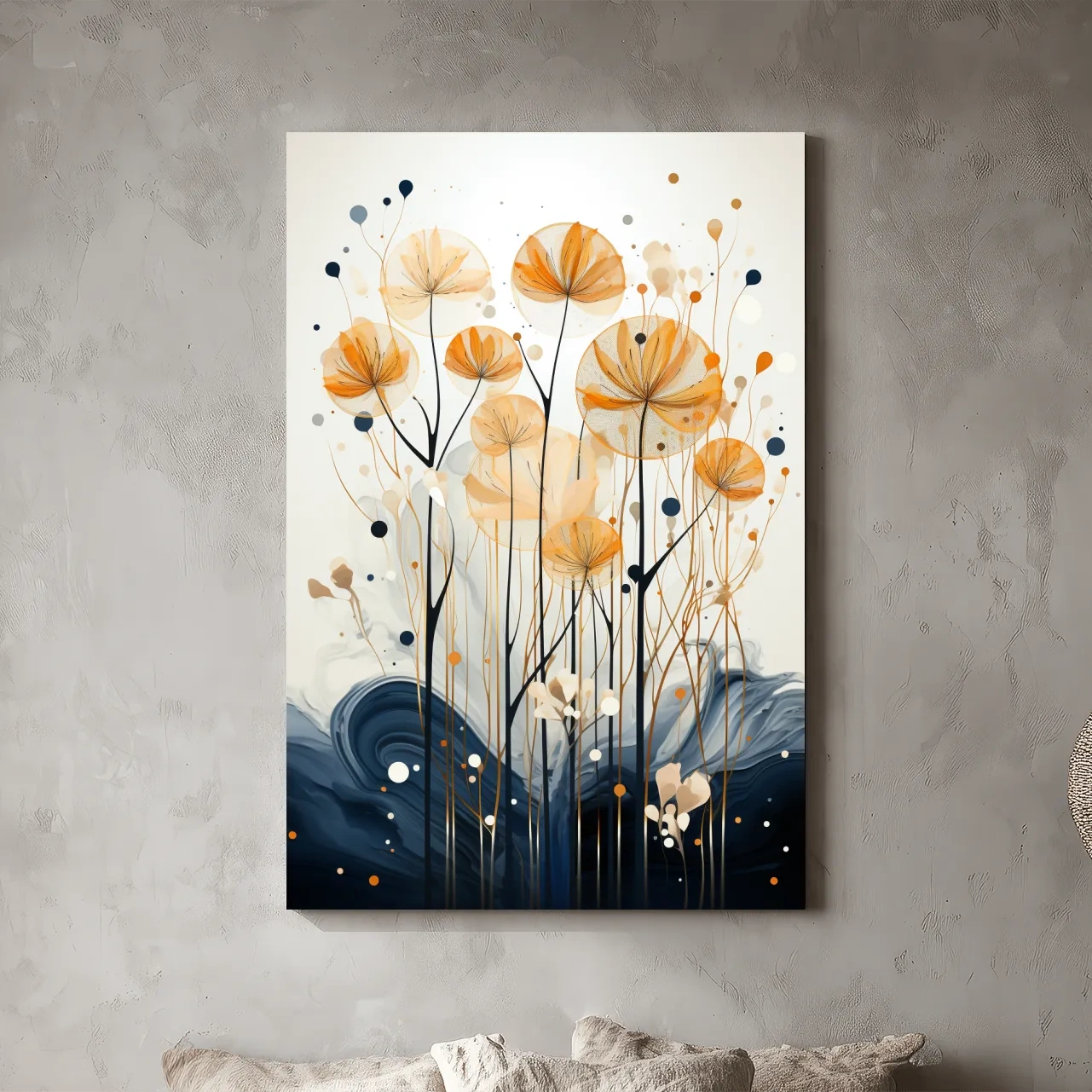 Abstract Golden Wildflower Ink Wash - Botanical Boho Wall Art