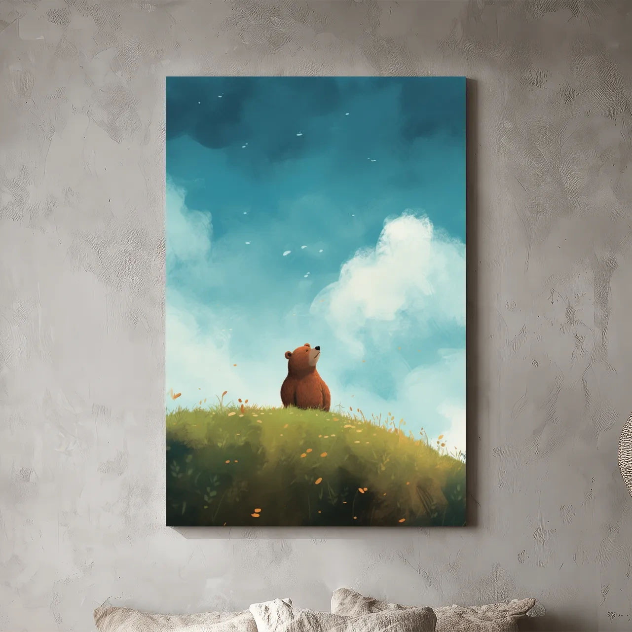 Whimsical Bear Cub Meadow Illustration - Cute Woodland Nursery Wall Art
